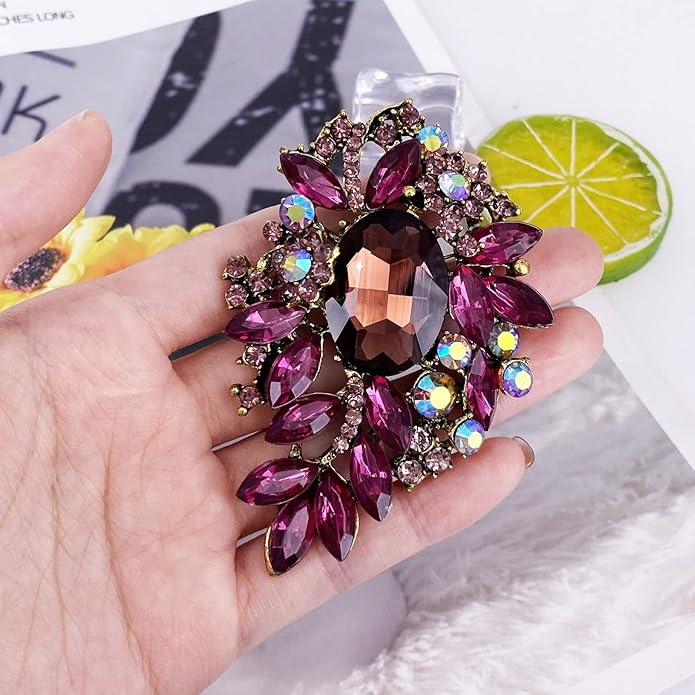 LAXPICOL Vintage Sparkly Austrian Crystal Flower Leaf Bouquet Clusters Big Large Brooch Pin for Women Gold Tone