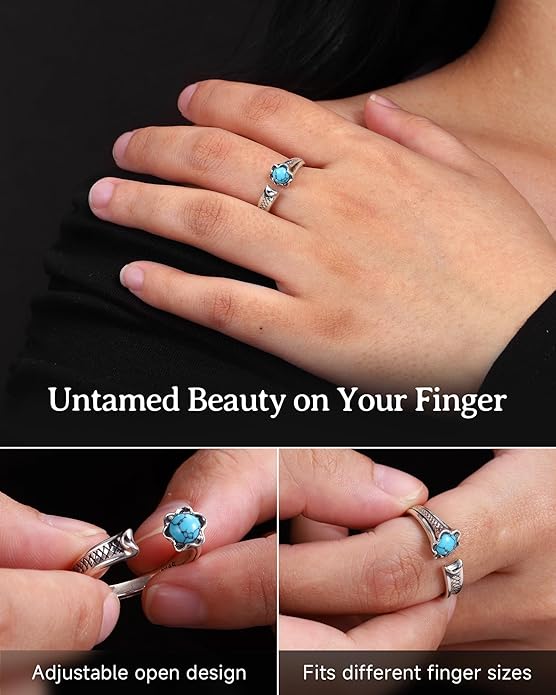 S925-Sterling-Silver Abalone Dragonfly-Turquoise Spoon Ring - Vintage Boho Sunflower Thumb Oxidized Wrap Rings Victorian Style Antique Floral Jewelry Gifts for Women