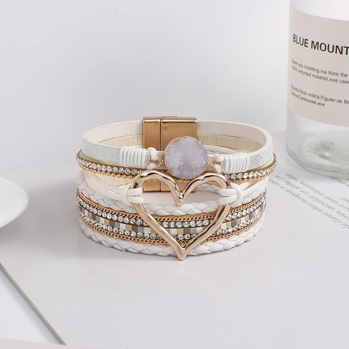 Leather Wrap Bracelet for Women Beaded Cuff Bracelet with Heart-shape Decor Bohemian Crystal Bracelet Jewelry with Clasp Bangle Bracelet for Women Girls Birthday Holiday Gift