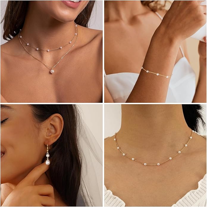 DIBOLA Gold Jewelry Set for Women, Dainty Layered 14K Gold/Silver Pearl Choker Necklaces and Earring Set Pearl Earrings Bracelets Wedding Bride Jewelry