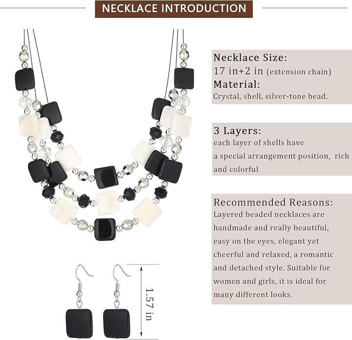 Layered Beaded Statement Necklaces for Women Square Shell Bead Collar Necklace and Earring Set Birthday Gifts Boho Jewelry Sets for Women