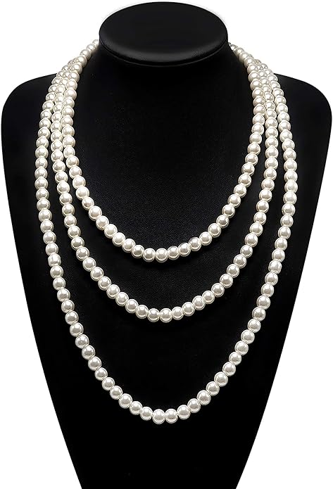 Long Pearl Necklaces for Women Cream White Faux Pearl Strand Layered Necklace Costume Jewelry
