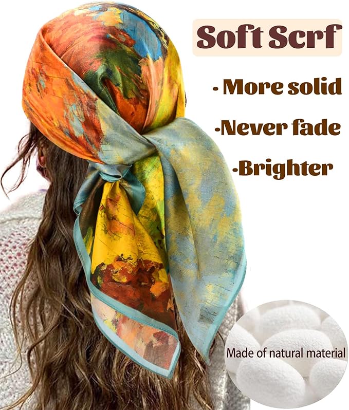 kcctoo 27.5" Mulberry Silk Feeling Head Scarf Women's Fashion Square Neck Satin Scarfs for Bag Hair Scarves Gift