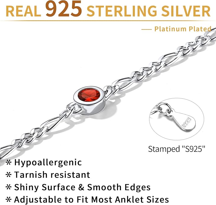 ChicSilver Sterling Silver Anklets Bracelets for Women, Figaro Chain Heart/Round Birthstone Anklet for Women Waterproof, Dainty Herringbone Ankle Bracelet Summer Beach jewelry