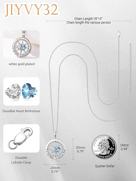 Compass Birthstones Necklace for Women, Exquisite Anniversary Birthday Gifts for Wife Her Double Birthstone Pendant jewelry ‘I'd be Lost Without You’