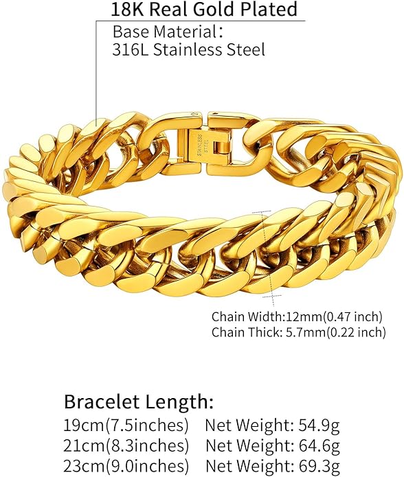ChainsHouse Stainless Steel Cuban Link Bracelet, 8mm/12mm/17mm Width, 7.5"/8.3"/9", 18K Gold Plated Chain Wrist Bracelets for Men Women, Send Gift Box