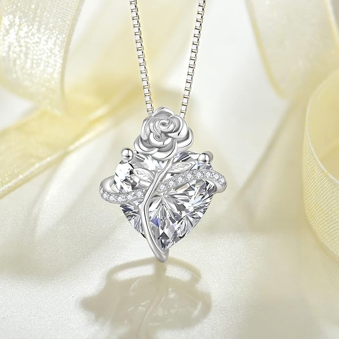 Birthstone Necklace for Women 925 Sterling Silver Love Heart Rose Flower Necklace Dainty Jewelry Gifts for Women Wife Girlfriend Mother Daughter Her