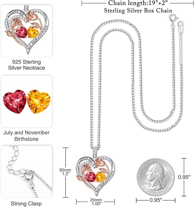 Iefil Birthstone Necklace for Women - 925 Sterling Silver Rose Heart Birthstone Necklace Birthday Anniversary Jewelry Gifts for Her Wife Mom Daughter