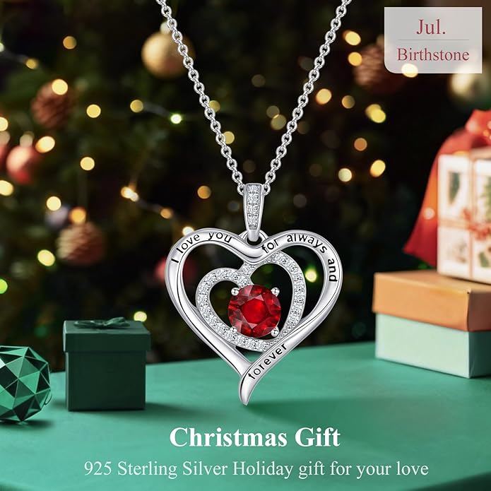 S925 Sterling Silver Necklace for Women, Christams Gift for Women, Love Heart Birthstone Necklaces for Women, Wife Jewelry, Mom Birthday Valentines Mothers Day Gifts, Girlfriend Necklaces, Daughter Heart Jewel, Anniversary for Her