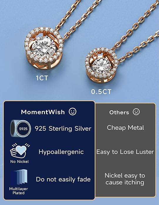 MomentWish Floating Necklace for Women, 0.5/1 Carat Dancing Moissanite Necklace for Her 925 Sterling Silver Pendant Anniversary Birthday Christmas Gift for Wife Mom Girlfriend