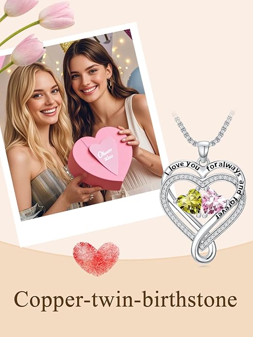 I Love You for Awlays and Forever Double Heart Necklace with Birthstone, 2 Birth Stone Jewelry Anniversary Valentines Mothers Day Christmas Birthday Gifts for Women Her Wife Girlfriend Mom Mother