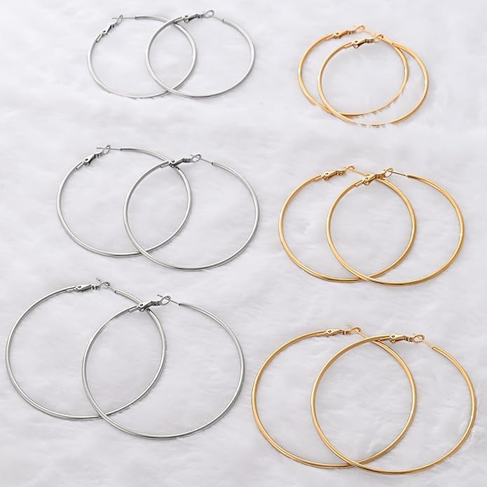 6 Pairs Gold Silver Hoop Earrings for Women, 14K Gold Plated Stainless steel Hoop Earring for Women, Lightweight Hypoallergenic Dainty Hoop Earrings Set