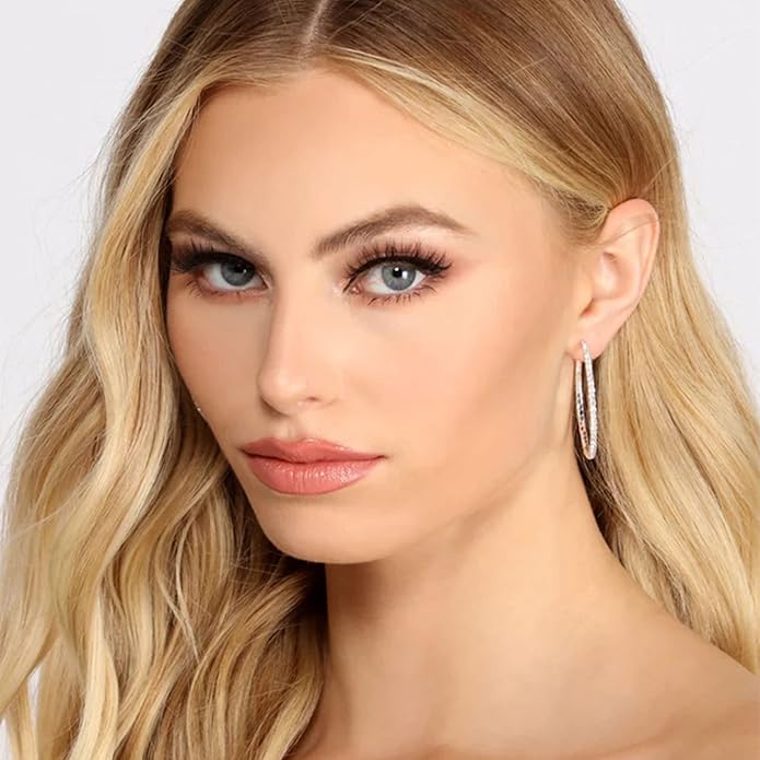 925 Sterling Silver Earrings Large Rhinestone Hoop Earrings Big Cubic Zirconia Hoop Earrings Thin Rhinestones Round Hoop Earrings for Women 20/30/40/50/60/70mm Sparkly Hoops With Crystals for Womens