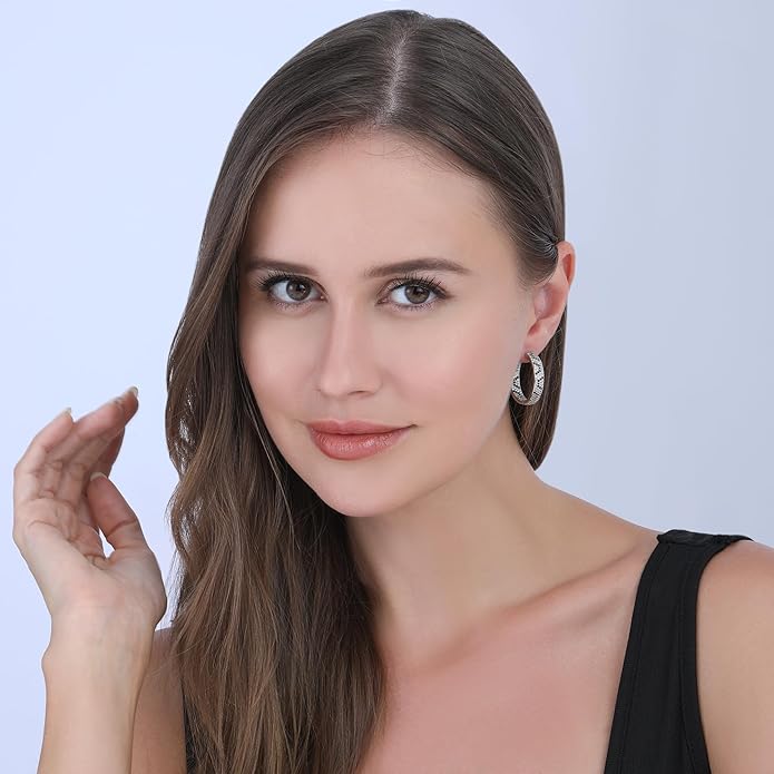 Rose Gold Hoop Earrings for Women, 925 Silver-Plated Thickened Hypoallergenic Earrings, CZ Black Gemstone-Inlaid Earrings - Women's Fashion Jewelry