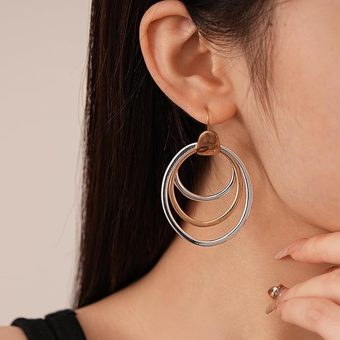 Mixed Metal Earrings, Round Circle Hoop Two Tone Dangle Earrings, Vintage Gold and Silver Geometric Earrings, Handmade Boho Earrings for Women