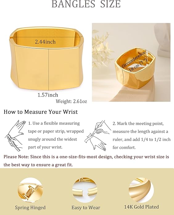 Bangle Bracelets for Women | 14K Gold Plated Trendy Wide Bracelets | Hinged Arm Cuff Bangles Chunky Bracelet for Women