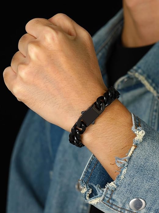 Bestyle Thick Mens Cuban Link Chain Bracelets, Durable Real 18K Gold/Black Metal Plated Solid Stainless Steel Hand Chain Cuban Bracelets for Men, Silver Black Gold Bracelets for Father Husband