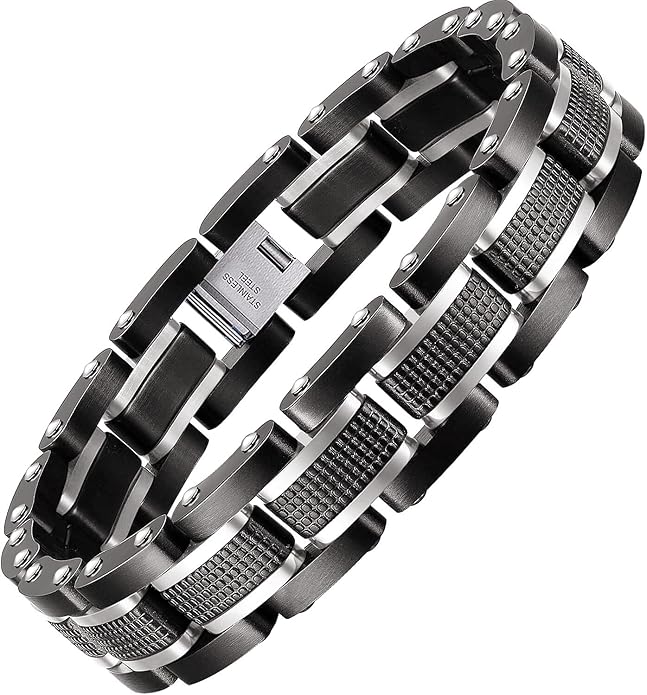 Holizaly Men's Stainless Steel Two Tone Square Link Bracelet, Black and Blue Ion Plated Black