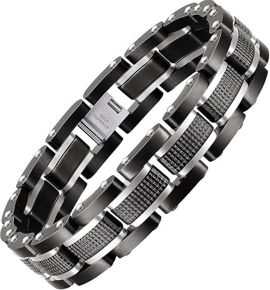 Holizaly Men's Stainless Steel Two Tone Square Link Bracelet, Black and Blue Ion Plated Black
