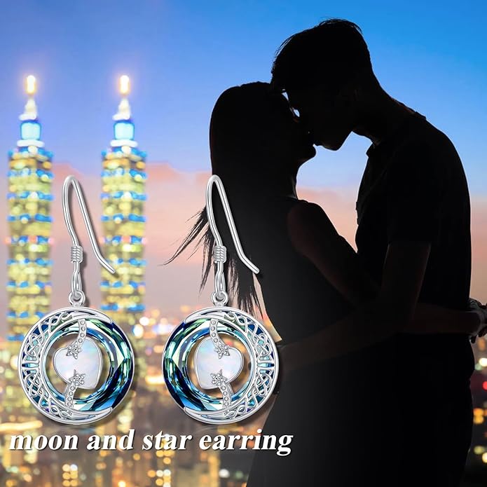 TOUPOP Birthstone Earrings for Women 925 Sterling Silver Moon and Star Dangle Earrings with Blue Crystal BirthdayJewelry Christmas Gifts for Women