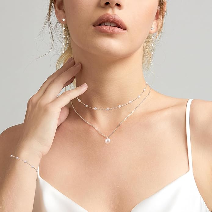 Zeffy Gold Pearl Necklace for Women, Dainty 14K Gold/Silve Plated Layered Pearl Choker Pearl Earrings Pearl Bracelets Wedding Trendy Gold Jewelry Set for Women Gifts