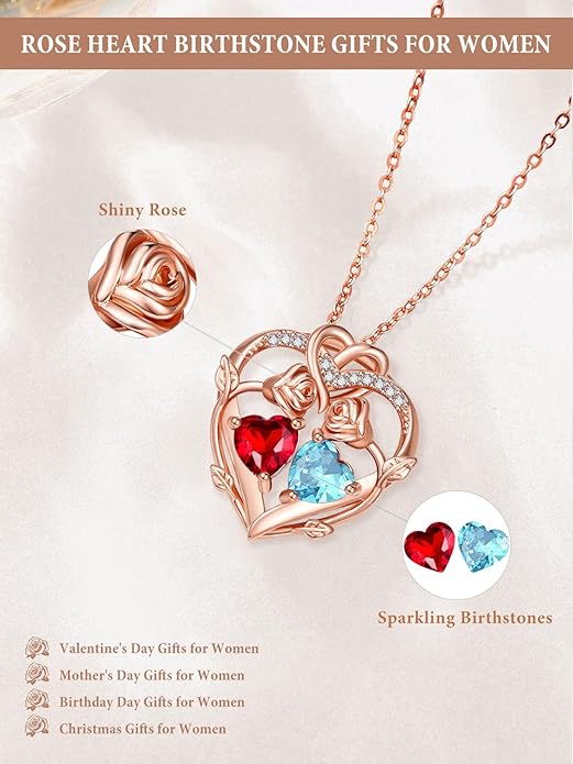 Rose Gold Necklaces for Women Double Birthstone Rose Flower Heart Pendant Necklace Jewelry Anniversary Christmas Valentine's Mother's Day Birthday Gift for Wife Mom Her Girlfriend Sister