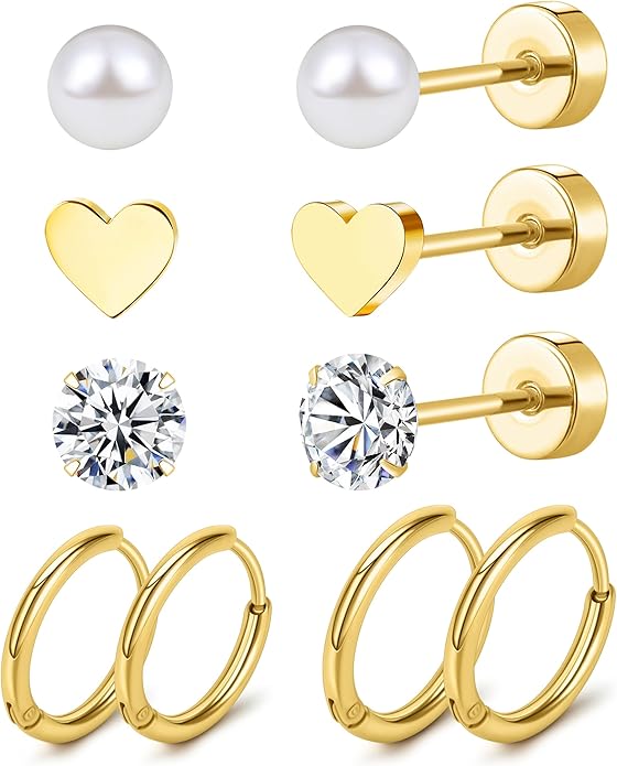 MJust Titanium Earrings for Sensitive Ears 20G Hypoallergenic Stud Hoop Earrings for Women Men Opal Ball CZ Heart Pearl Flat Back Earrings Cartilage Earrings Set