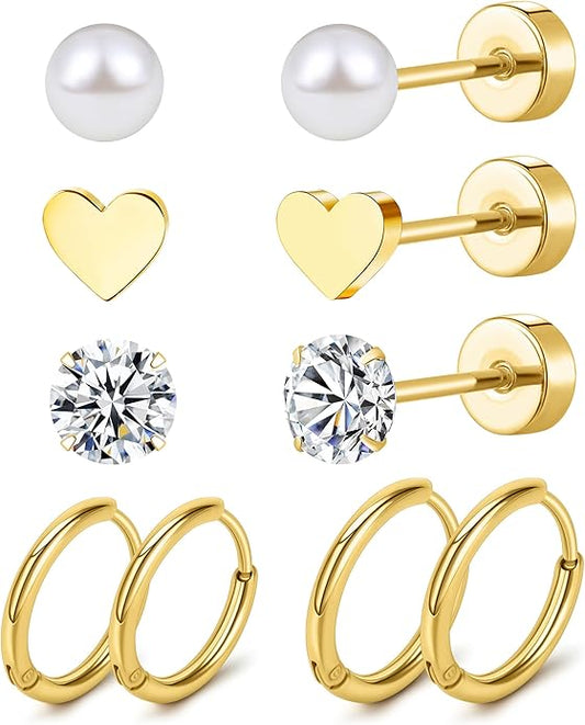 MJust Titanium Earrings for Sensitive Ears 20G Hypoallergenic Stud Hoop Earrings for Women Men Opal Ball CZ Heart Pearl Flat Back Earrings Cartilage Earrings Set