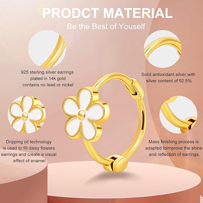 925 Sterling Silver Earrings for Women Dainty Dripping Oil Enamel Daisy Flowers Earrings Minimalist Style Jewelry Sensitive Earrings for Women Hypoallergenic Huggie Hoops