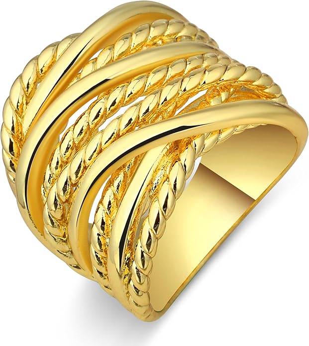 Wide Band Rings Twisted Rope Ring Two-Tone Mixed Metal Braided Statement Rings Fashion Jewelry for Women