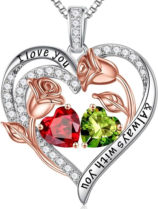 Iefil Birthstone Necklace for Women - 925 Sterling Silver Rose Heart Birthstone Necklace Birthday Anniversary Jewelry Gifts for Her Wife Mom Daughter