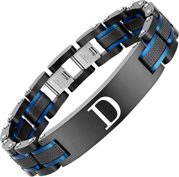 Men's initials bracelet - blue and black double spelling, men's bracelet stainless steel. Elegant and durable with gift box