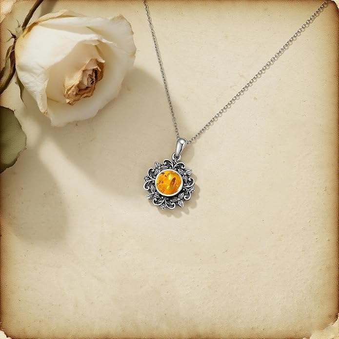 Amber Vintage Necklace Sterling Silver, Boho Jewelry for Women, Handmade Western Filigree Pendant, Unique Christmas Birthday Gift