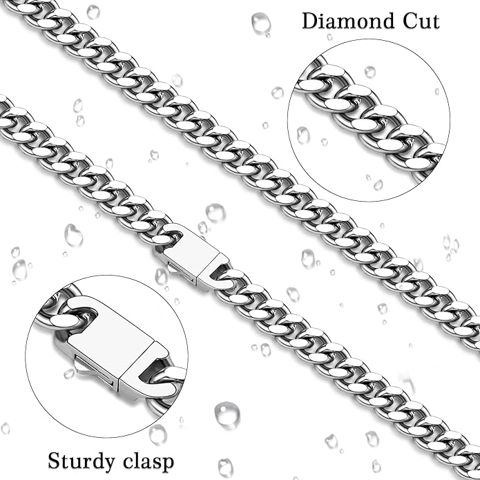 Fiusem Valentines Day Gifts for Him Silver Tone/Black/14K Gold Plated Chain Necklace for Men, 5mm/6mm/7.5mm/8mm/9mm Stainless Steel Cuban Link Chain Necklace, Men's Chains 18-28 Inch Jewelry Gifts
