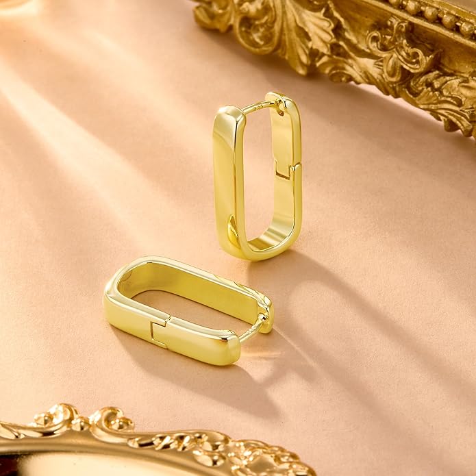 925 Sterling Silver Hoop Earrings for Women Small Square Hypoallergenic 14K Gold Plated Hoop Earrings Geometric Minimalist Rectangle Hoops