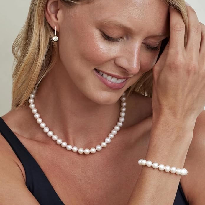 THE PEARL SOURCE 7.5-8.0mm White Japanese Akoya Real Pearl Earrings for Women - 14k Gold Leverback Earrings | Earrings with Genuine Cultured Pearls Pearl Gifts for Christmas, Holidays and Anniversary