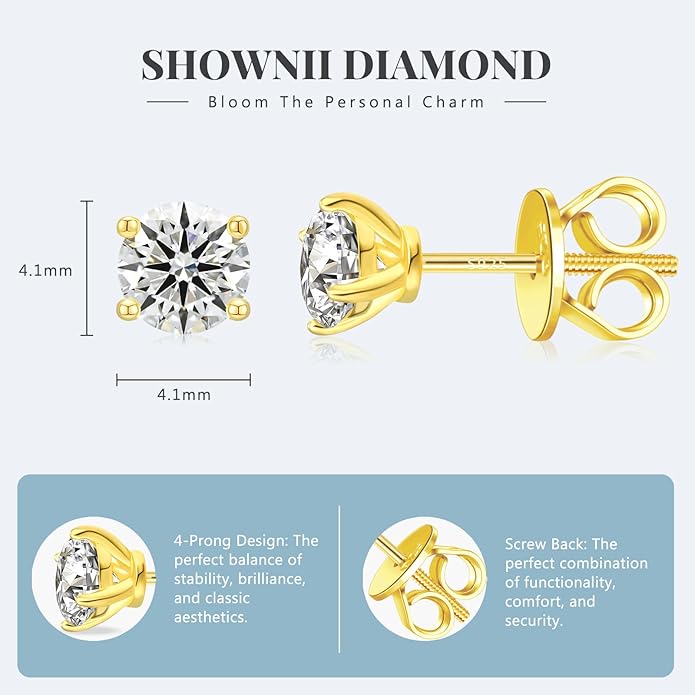 SHOWNII Diamond 4-Prong Lab-Grown Diamond Stud Earrings for Women 0.5CT 1CT 14K Gold Plated S925 Sterling Silver Screw Back Earrings(I-J Color, S1-VS2 Clarity)