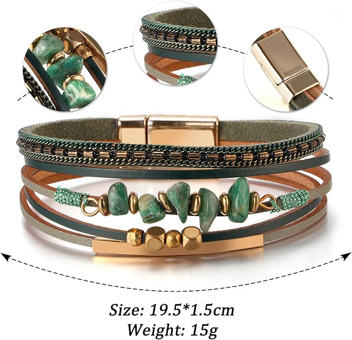 Fesciory Leather Wrap Bracelets for Women, Boho Leopard Multi-Layer Crystal Beads Cuff Bracelet Jewelry