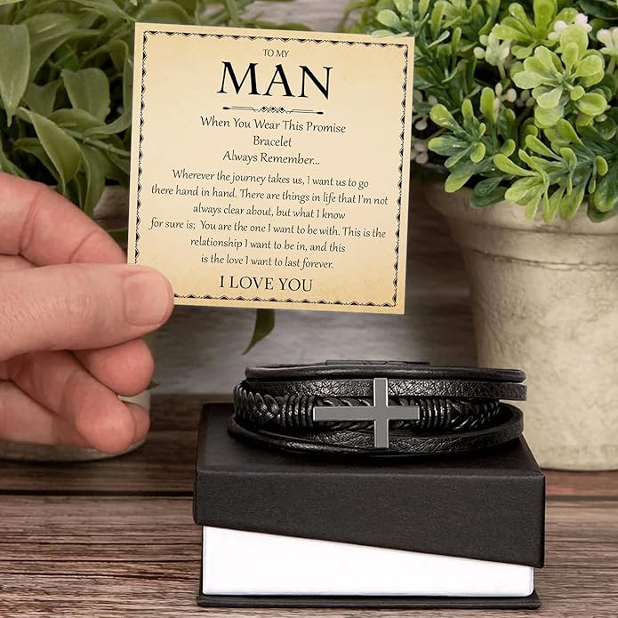 Mapileng To My Man – Braided Leather & Stainless Steel Bracelet with Heartfelt ‘Love You Forever’ - Elegant Gift Box Included, Gift from Girlfriend or Wife for Husband, Boyfriend, or Brother