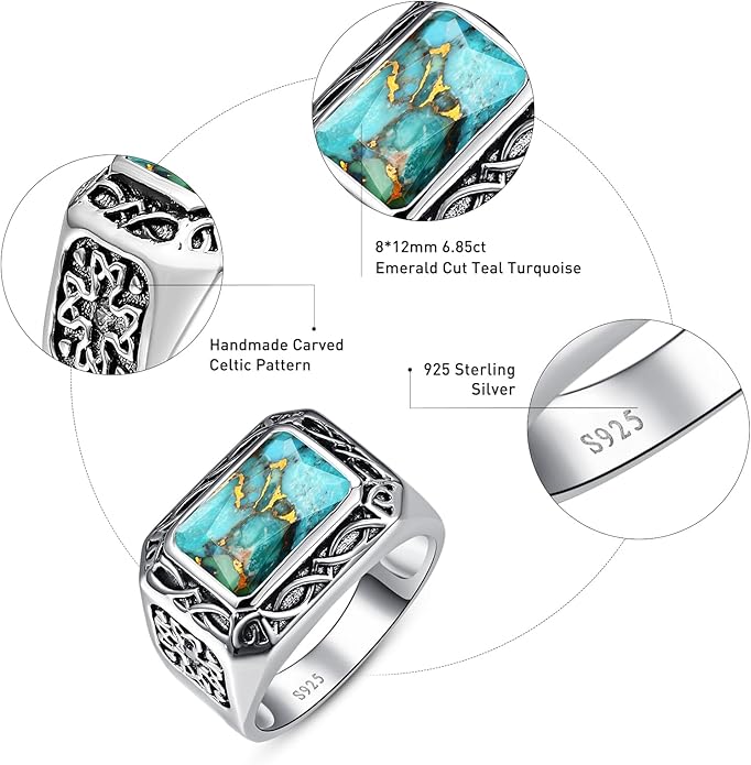 5CT 8X12mm Radiant Cut Teal Turquoise Ring/Created Mens Black Onyx 925 Sterling Silver Mens Ring Cocktail Rings Celtic Pattern Pinky Thumb Ring Band for Dad Father Size 7-12