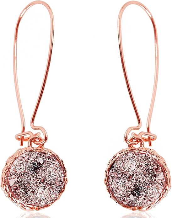 Simulated Druzy Threader Drop Earrings for Women - Gold, Silver, or Rose Gold Tone Trendy Boho Dangles with Sparkly Round Stone