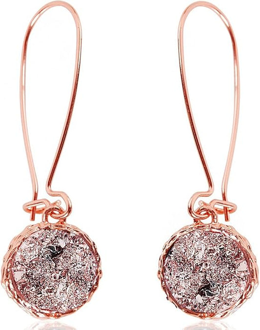 Simulated Druzy Threader Drop Earrings for Women - Gold, Silver, or Rose Gold Tone Trendy Boho Dangles with Sparkly Round Stone