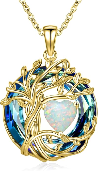 TOUPOP Christmas Gifts Tree of Life Birthstone Necklace 925 Sterling Silver Pendant Austrian Crystal Jewelry Anniversary Birthday Gifts for Women Mom Her Wife