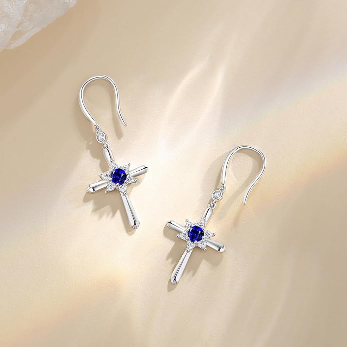 FANCIME Cross Dangle Drop Earrings 925 Sterling Silver Dainty Round Birthstone Earring Fine Jewelry Birthday Gifts for Her Women