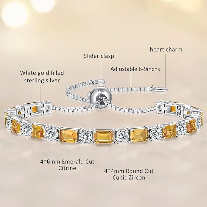 Birthstone Tennis Bracelets for Women White Gold Sterling Silver Gemstone Bracelets Adjustable Chain 6-9 Inchs Jewelry Anniversary Birthday Gifts for Women Mom Wife Her