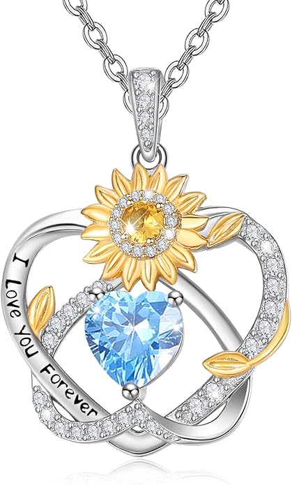 Zeuslia Double Birthstone Necklace Gifts for Wife - 925 Sterling Silver Sunflower/Rose/Crown Cross/Compass/Heart Pendant I Love You Necklace, Anniversary Birthday Gifts for Wife Girlfriend Mom Her