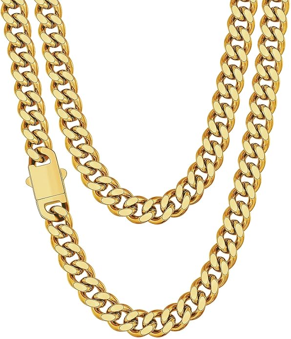 Fiusem Valentines Day Gifts for Him Silver Tone/Black/14K Gold Plated Chain Necklace for Men, 5mm/6mm/7.5mm/8mm/9mm Stainless Steel Cuban Link Chain Necklace, Men's Chains 18-28 Inch Jewelry Gifts