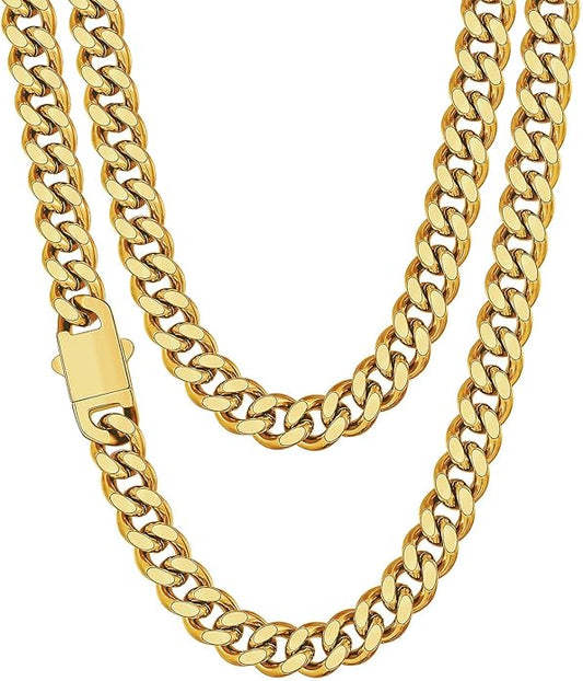 Fiusem Valentines Day Gifts for Him Silver Tone/Black/14K Gold Plated Chain Necklace for Men, 5mm/6mm/7.5mm/8mm/9mm Stainless Steel Cuban Link Chain Necklace, Men's Chains 18-28 Inch Jewelry Gifts