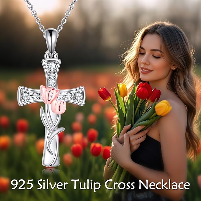 Tulip Sunflower Rose Lily of the Valley Sterling Silver Flower Heart Pendant Necklace Gifts for Women Mother Flower Lover