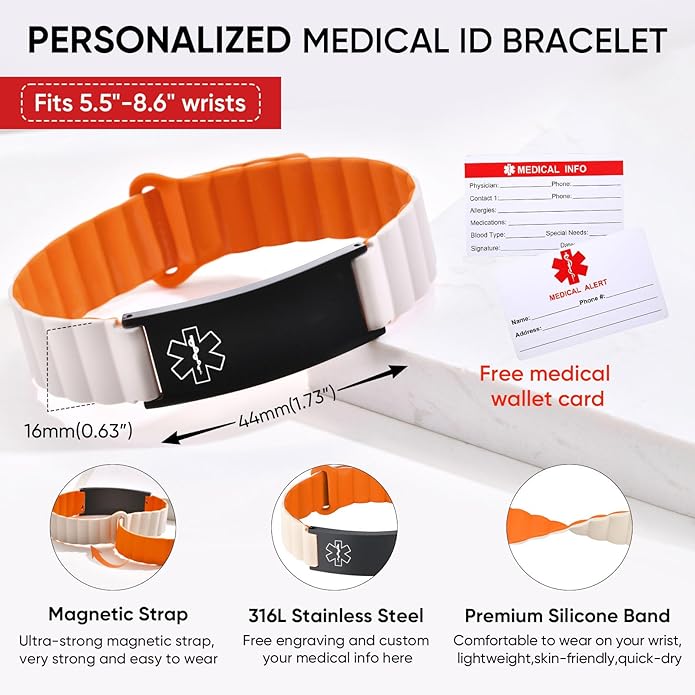 Comfortable Medical ID Bracelet for Men & Women - Custom Engraved Silicone Strap Comfort Fit Medical Alert Bracelets for Sports,Adjustable Waterproof Customizable Wristband for Diabetic